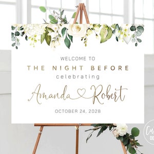 Custom Design, White Roses Rehearsal Dinner Welcome Sign, The Night Before Sign, Wedding Rehearsal Sign, Cream Roses Rehearsal Sign, WR2