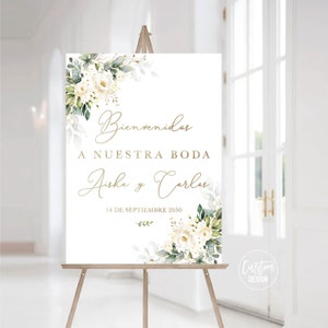 Indywidualny projekt, Białe róże Bienvenidos A Nuestra Boda znak, Hiszpański znak ślubny, Plakat Bienvenidos, Białe róże znak, Białe róże, WR3