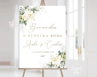White Flowers Bienvenidos A Nuestra Boda Welcome Sign, Printable Spanish Wedding Welcome Poster, White Roses Wedding Sign, Digital File, WR3