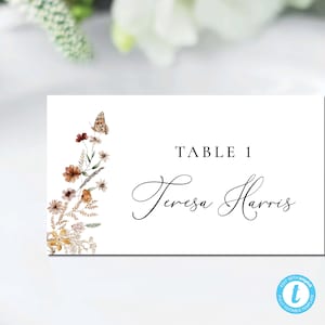 Modelo de cartões de lugar de casamento de flores silvestres, cartão de nome de mesa floral minúsculo, plano e dobrado em barraca, cartão de nome de modelo, flores silvestres, editável, WF3W