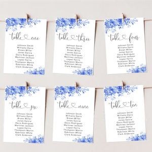 Plantilla de boda de tabla de asientos colgantes de porcelana azul, chinoiserie floral, plantilla, imprimible, editable, Templett, flor de acuarela, BPa