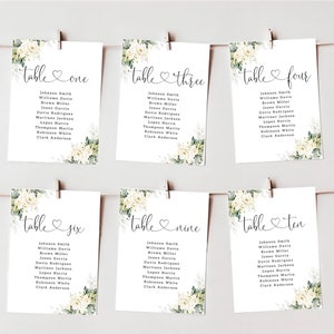 Weiße Rosen Hochzeit Sitzplatz Chart, weiße Rosen Hochzeit Sitzplan Zeichen, Kartenvorlage, bedruckbar, bearbeitbar, Templett, WR3