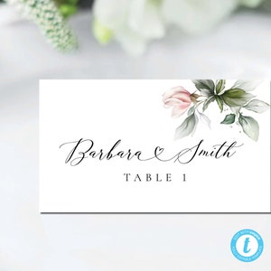 Plantilla de tarjetas de lugar de boda de rosas rosadas, tarjeta de nombre de mesa, plana y tienda plegada, tarjeta de nombre de plantilla, tarjeta de lugar imprimible, editable, A1