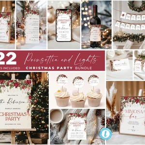 Christmas Party Bundle, Printable Christmas Lunch Bundle, Editable Christmas Party Decor, Holiday Party Bundle, Poinsettia and Lights, CHS3