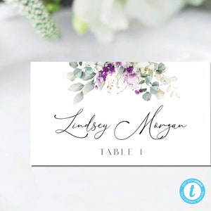 Modelo de cartões de casamento roxo verde, cartão de nome de mesa de lavanda verde, plano e tenda dobrada, cartão de nome de modelo, floral lilás, GL2