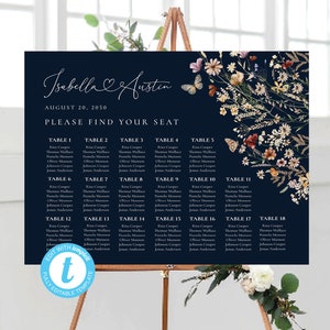 Modelo de sinal de boas-vindas para gráfico de assentos de casamento de flores silvestres azul marinho, gráfico de assentos de casamento floral minúsculo, editável, Templett, Boho, WF3N