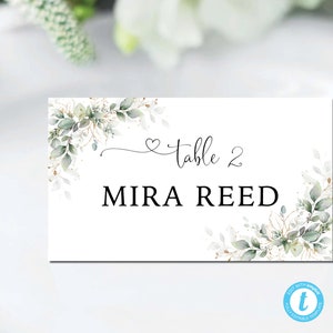 Plantilla de tarjetas de lugar de boda de vegetación, tarjeta de nombre de mesa, plano y tienda plegada, tarjeta de nombre de plantilla, tarjeta de lugar imprimible, editable, HEB-22C