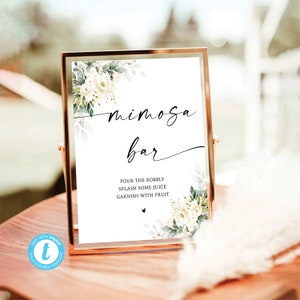 White Roses Mimosa Bar Sign, Minimalist Wedding Sign, Wedding Mimosa Bar Sign, Bridal Shower Mimosa Bar Sign, White Roses, WR3
