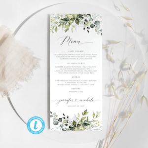 Grünes Menükartenvorlage, rustikales Hochzeitsmenü, kalligrafisches Hochzeitsmenü, Eukalyptusmenü, Templett, 100% bearbeitbar, HEB-22A
