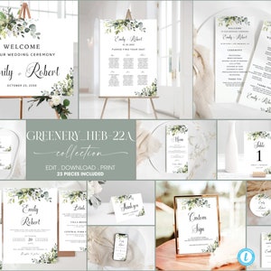 Greenery Wedding Mega Bundle Template, Wedding Mega Bundle 23 Pieces Included, Wedding Stationery, Eucalyptus, Templett, Editable, HEB-22A