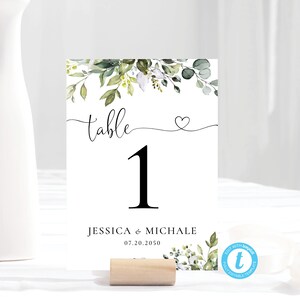 Modelo de número de mesa de casamento com vegetação, números de mesa de eucalipto para impressão, cartão de mesa de casamento para impressão, 100% editável, eucalipto, HEB-22A