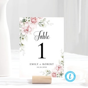 Modelo de número de mesa de casamento de rosas rosa blush, números de mesa blush para impressão, cartão de mesa de casamento imprimível, 100% editável, A2