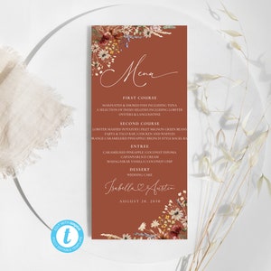 Plantilla de tarjeta de menú de boda de flores silvestres de terracota, plantilla de menú de boda floral diminuta, menú de boda de flores silvestres, Boho, Templett, WF3T
