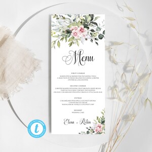 Plantilla de tarjeta de menú de rosas rosas Greenery Blush, Plantilla de menú de boda rústica, Menú de boda rosa rubor, Tarjeta de menú, Templett, 100% editable, GB1