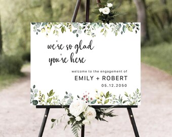 Letrero de bienvenida para fiesta de compromiso con diseño de eucalipto, botánico (impresión digital)