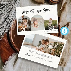 Fotocollage Gelukkig Nieuwjaar Kerstkaartsjabloon, moderne kerstkaart, minimalistische nieuwjaarswenskaart, moderne familiekerstkaart
