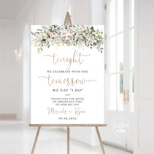 Custom Design, Greenery Blush Pink Roses Rehearsal Dinner Welcome Sign, The night before Sign, Wedding Sign, Greenery, Blush, Herbal, GB2