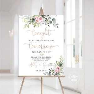 Custom Design, Greenery Blush Pink Roses Rehearsal Dinner Welcome Sign, The Night Before Sign, Wedding Sign, Greenery, Blush, Herbal, GB1