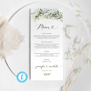 Modello di scheda menu Greenery, modello di menu di nozze rustico, menu di nozze calligrafico, menu di eucalipto, Templett, modificabile al 100%, HEB-22B
