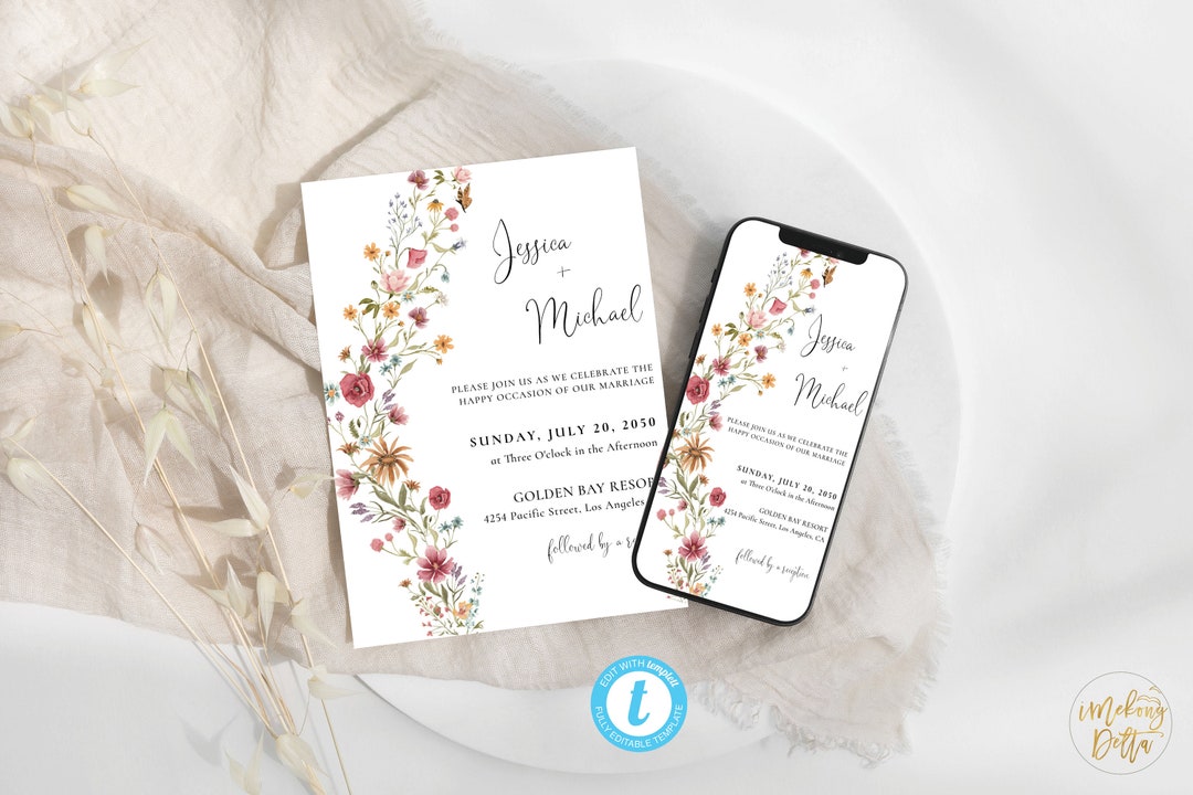 Wildflowers Wedding Invitation Template Bohemian Electronic - Etsy