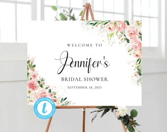 Ethereal Blush Bridal Shower welcome Sign Template, Bridal Shower welcome sign, Editable, Templett, Bohemian, rose gold, FLO-R22A