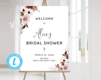 Silk Floral Bridal Shower Sign Template, Silk Floral Bridal Shower Welcome Sign, 100% Editable, Templett, Silk Floral, Printable, SF1