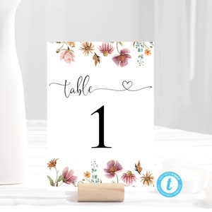Plantilla de número de mesa de boda de flores silvestres, números de mesa de eucalipto imprimibles, tarjeta de mesa de boda imprimible, 100% editable, Boho, WF2