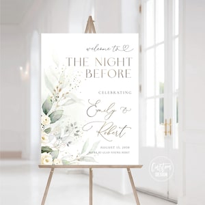 Greenery and Gold The Night Before Welcome Sign, Eucalyptus Rehearsal Dinner Sign, Wedding Rehearsal Sign, Best Day Ever, Herbal, HEB-22G