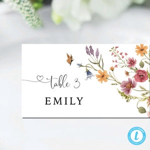 Plantilla de tarjetas de lugar de boda de flores silvestres, tarjeta de nombre de mesa, plano y tienda plegada, tarjeta de nombre de plantilla, tarjeta de lugar imprimible, editable, WF2