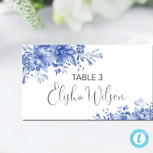 Plantilla de tarjetas de lugar de boda de porcelana azul, tarjeta de nombre de mesa, plano y tienda plegada, Templett, chinoiserie floral, flor de acuarela, BPa