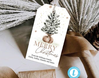 Könnte beinhalten: Ein weißer Geschenkanhänger mit einer Aquarell-Illustration eines Weihnachtsbaums mit goldenem Glitzer. Der Text "Merry Christmas" ist in brauner Schreibschrift geschrieben. Der Anhänger lautet "From the Williams Family, Emily, Ashley, Jennifer and James".