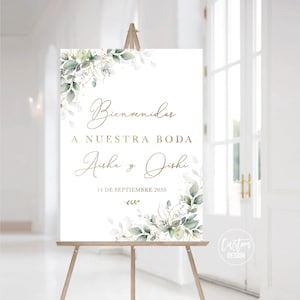Diseño personalizado, letrero de bienvenida a nuestra boda con vegetación, letrero de boda en español, póster de bienvenida, vegetación, eucalipto, hierbas, HEB-22C