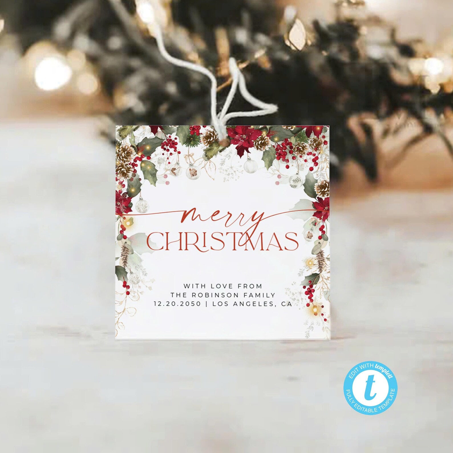 Christmas Gift Tags, Editable Template, Red Poinsettia Floral (digital ...