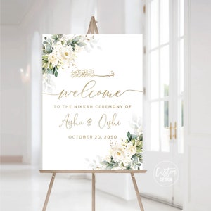 Diseño personalizado, signo de bienvenida de boda de rosas blancas, signo de bienvenida de boda Nikkah, ceremonia de matrimonio islámico, signo de rosas blancas, rosas blancas, WR3