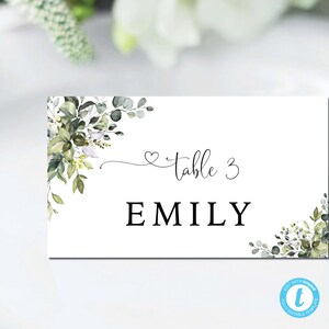 Plantilla de tarjetas de lugar de boda de vegetación, tarjeta de nombre de mesa, plano y tienda plegada, tarjeta de nombre de plantilla, tarjeta de lugar imprimible, editable, HEB-22A