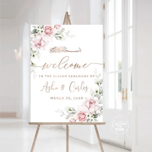 Diseño personalizado, letrero de bienvenida para boda con rosas rosadas, letrero de bienvenida para boda Nikkah, ceremonia de matrimonio islámica, letrero con rosas rosadas, tamaño A2