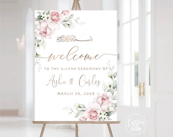 Custom Design, Blush Pink Roses Wedding Welcome Sign, Nikkah Wedding Welcome sign, Islamic Marriage Ceremony, Blush Pink Roses Sign, A2