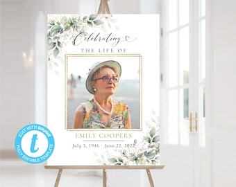 Greenery Funeral Welcome Sign, Editable Template, Eucalyptus Memorial Decoration (Digital Download)