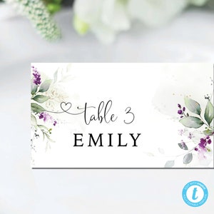 Plantilla de tarjetas de lugar de boda de color púrpura verde, tarjeta de nombre de mesa de lavanda verde, plano y tienda plegada, tarjeta de nombre de plantilla, floral lila, GL1