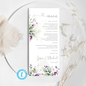 Plantilla de tarjeta de menú púrpura verde, plantilla de menú de boda de lavanda verde, menú de boda de lavanda, floral lila, Templett, 100% editable, GL1