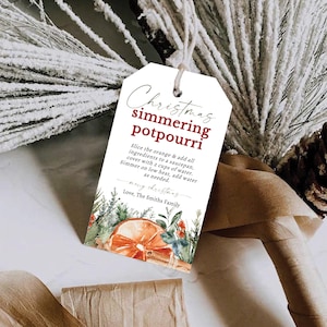 Modello di etichetta natalizia per pot-pourri da fornello, pot-pourri natalizio modificabile, etichette stampabili, etichette natalizie arancioni, decorazioni natalizie