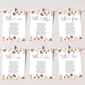 Modello di matrimonio con tabella dei posti a sedere sospesa di fiori selvatici, segno della tabella dei posti a sedere per matrimoni con fiori selvatici, modello di carta, stampabile, modificabile, Templett, WF2
