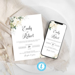 Weiße Rosen Hochzeitseinladungsvorlage, Weiße Rosen Elektronische Hochzeitseinladung, Hochzeitseinladungsvorlage, Templett, 100% bearbeitbar, WR3