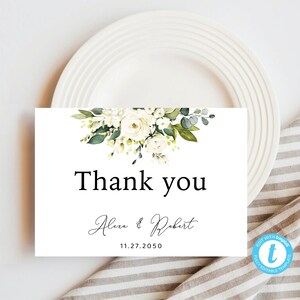 White Roses Wedding Thank you Card, Folded Thank you Card, 100% Editable, Digital File, Templett, White Roses, WR1