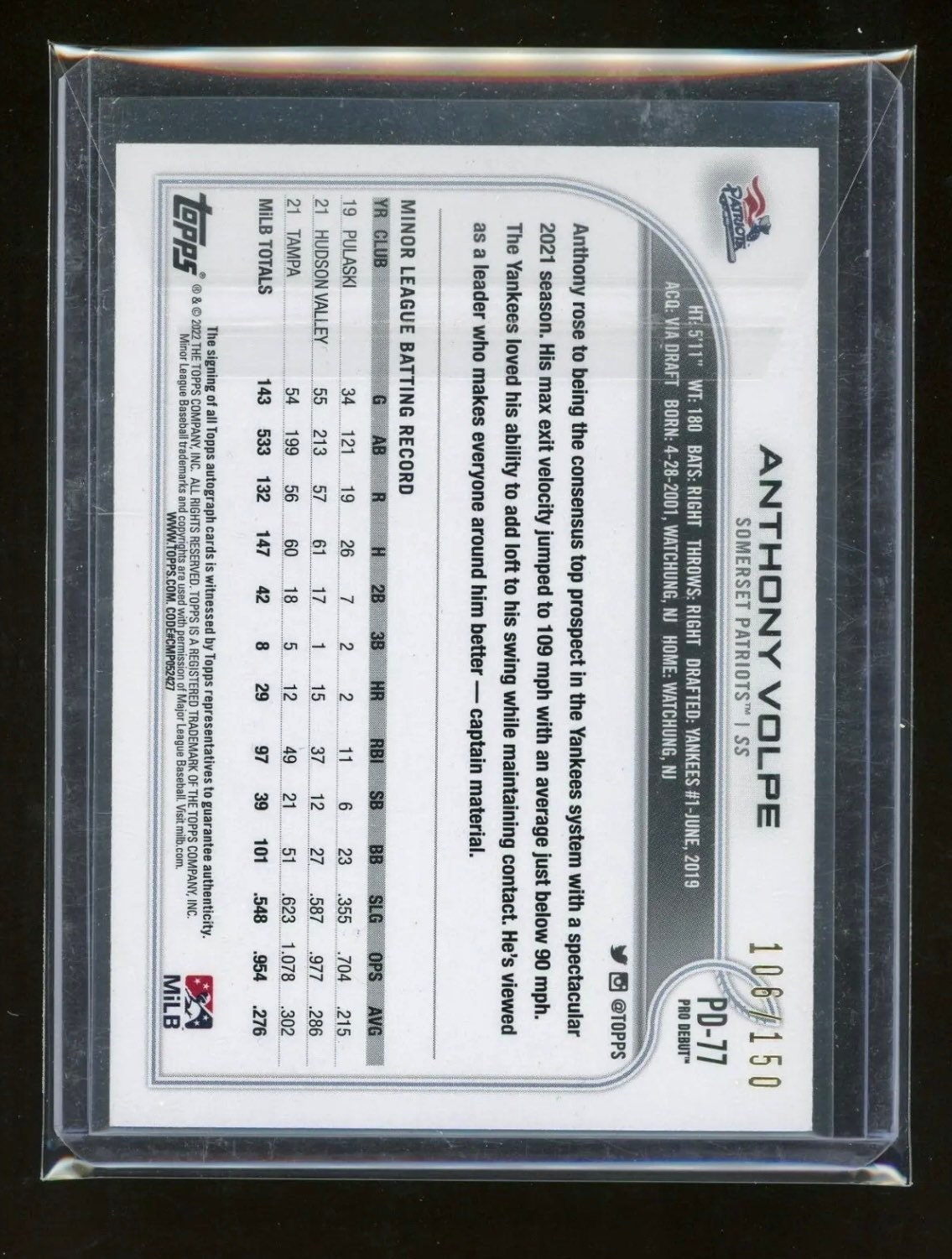 1枚限定！Anthony Volpe Auto 2022 Leaf l 2022 LEAF METAL ANTHONY VOLPE 1/1 TOP 100 PINK AUTO YANKEES
