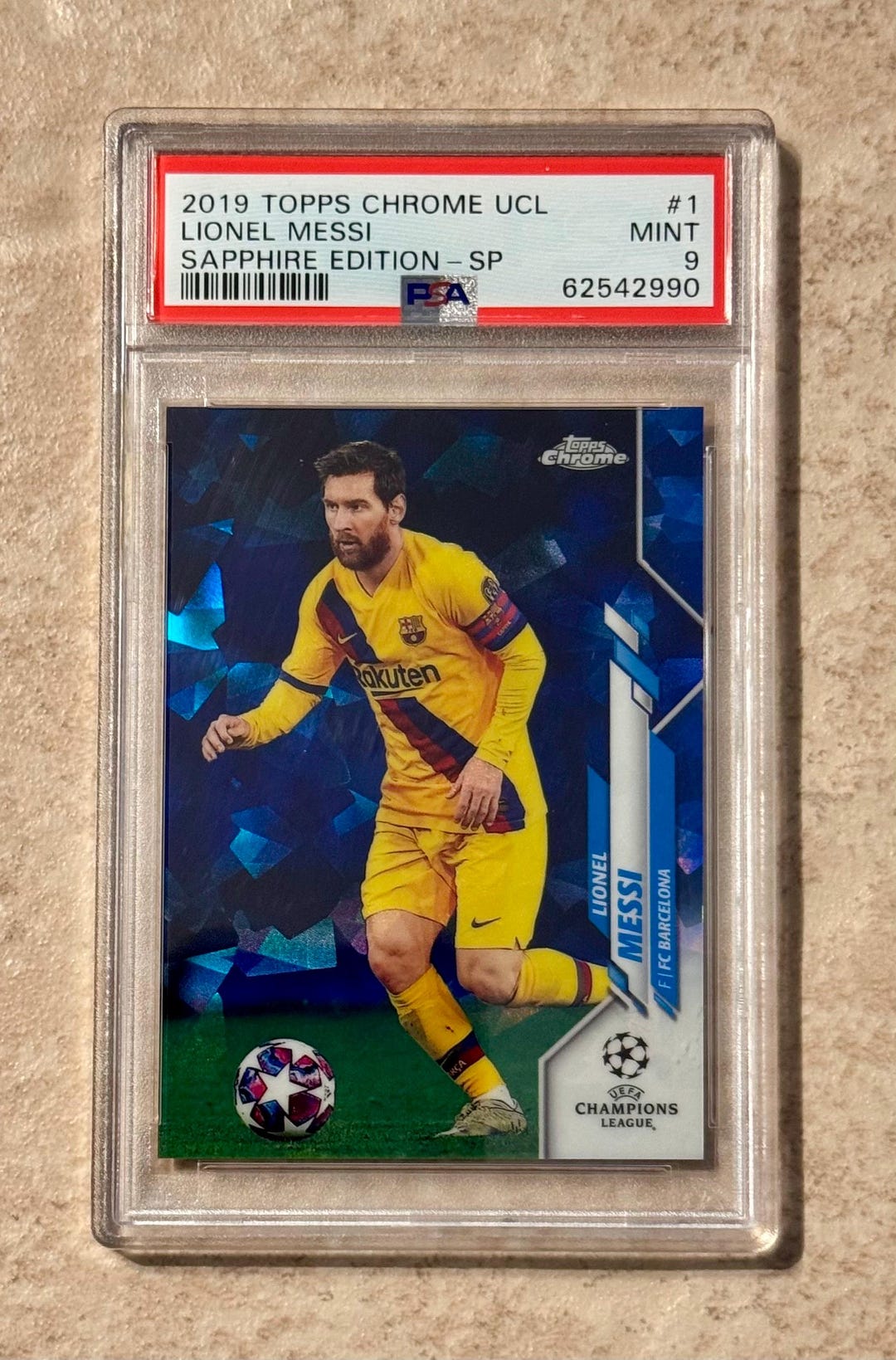 Lionel Messi 2019-20 Topps Chrome UCL Sapphire 1 SP PSA 9