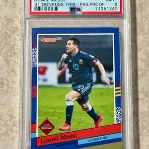 2021-22 Donruss Road to Qatar Lionel Messi 91 Tribute Press Proof PSA 9 Mint
