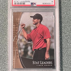 2001 Upper Deck Stat Leaders #SL17 Tiger Woods RC Rookie PSA 8