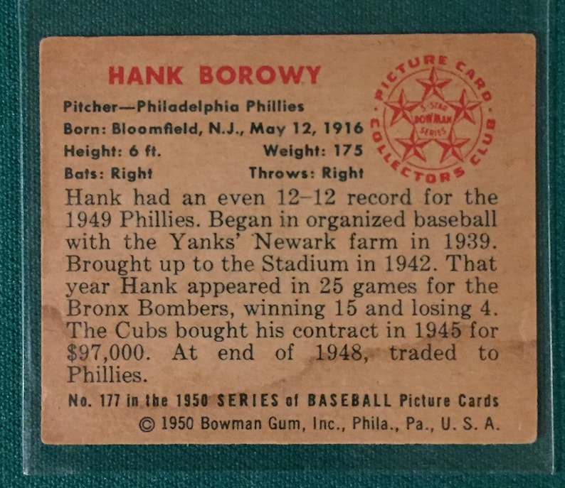 Phillies Legend 1950 Bowman Hank Borowy Phillies Card #177 Sweet!