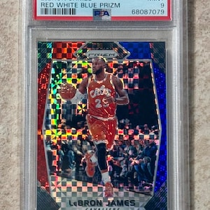 2017-18 Panini Prizm LeBron James 191 Red White Blue PSA 9 Mint Los Angeles Lakers Cleveland Cavaliers